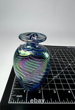 Robert Held Art Glass Hand Blown Bud Vase SIGNED Iridescent Blue Leaf Pattern