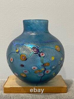 Robert Held Art Glass Signed Blue Glass Vase with Abstract Flowers Design