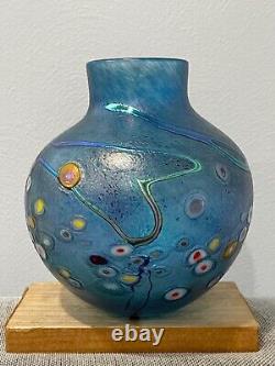 Robert Held Art Glass Signed Blue Glass Vase with Abstract Flowers Design