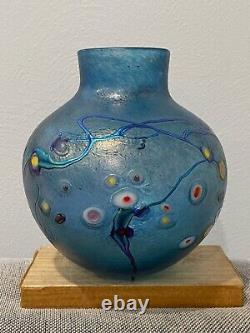 Robert Held Art Glass Signed Blue Glass Vase with Abstract Flowers Design