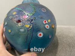 Robert Held Art Glass Signed Blue Glass Vase with Abstract Flowers Design