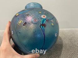 Robert Held Art Glass Signed Blue Glass Vase with Abstract Flowers Design