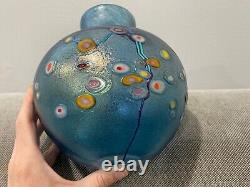 Robert Held Art Glass Signed Blue Glass Vase with Abstract Flowers Design