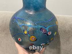 Robert Held Art Glass Signed Blue Glass Vase with Abstract Flowers Design