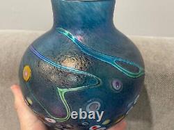 Robert Held Art Glass Signed Blue Glass Vase with Abstract Flowers Design