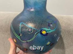 Robert Held Art Glass Signed Blue Glass Vase with Abstract Flowers Design