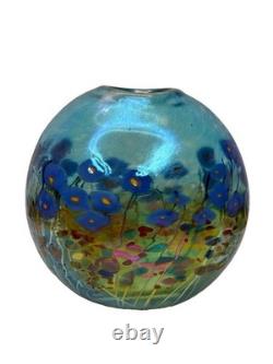 Robert Held Canada Art Glass Pillow Vase Blue Poppy Flowers withSticker Signed