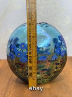 Robert Held Canada Art Glass Pillow Vase Blue Poppy Flowers withSticker Signed