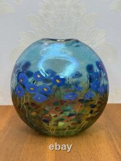 Robert Held Canada Art Glass Pillow Vase Blue Poppy Flowers withSticker Signed