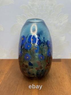 Robert Held Canada Art Glass Pillow Vase Blue Poppy Flowers withSticker Signed