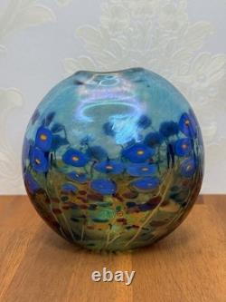 Robert Held Canada Art Glass Pillow Vase Blue Poppy Flowers withSticker Signed