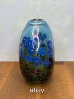 Robert Held Canada Art Glass Pillow Vase Blue Poppy Flowers withSticker Signed