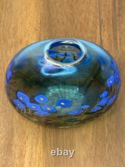Robert Held Canada Art Glass Pillow Vase Blue Poppy Flowers withSticker Signed