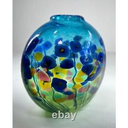 Robert Held Hand Blown Art Glass SIGNED Blue Poppy Flowers Mini Glass Vase 4.5