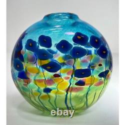 Robert Held Hand Blown Art Glass SIGNED Blue Poppy Flowers Mini Glass Vase 4.5