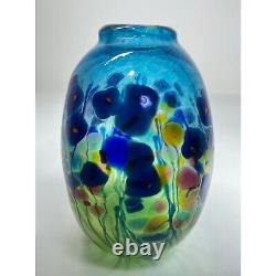 Robert Held Hand Blown Art Glass SIGNED Blue Poppy Flowers Mini Glass Vase 4.5