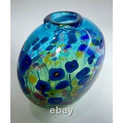 Robert Held Hand Blown Art Glass SIGNED Blue Poppy Flowers Mini Glass Vase 4.5