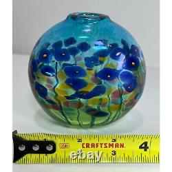 Robert Held Hand Blown Art Glass SIGNED Blue Poppy Flowers Mini Glass Vase 4.5