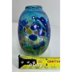 Robert Held Hand Blown Art Glass SIGNED Blue Poppy Flowers Mini Glass Vase 4.5