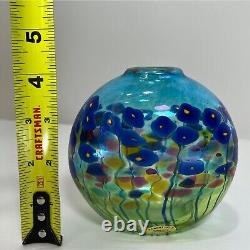 Robert Held Hand Blown Art Glass SIGNED Blue Poppy Flowers Mini Glass Vase 4.5