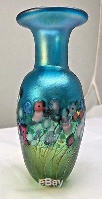 Robert Held Iridescent Blue Art Glass Vase-meadow Design- Signed And Paper Label