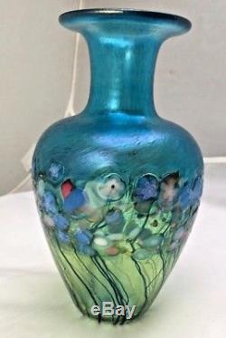 Robert Held Iridescent Blue Art Glass Vase-meadow Design- Signed And Paper Label