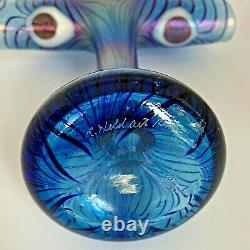 Robert Held Peacock Eye Pulled Feather Aurene Iridescent Art Glass Blue Fan Vase