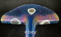 Robert Held Peacock Eye Pulled Feather Aurene Iridescent Art Glass Blue Fan Vase