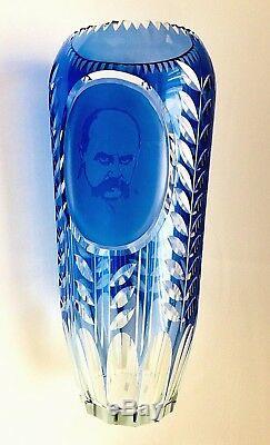 Russian Soviet Period Cameo Diamond Cut Blue To Clear Unique Large Crystal Vase
