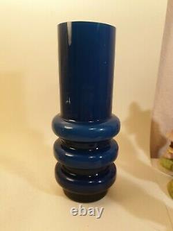 Ryd Glasbruk Swedish/Scandinavian Cased Glass 3 Hooped 8 Vase Blue/White /Blue