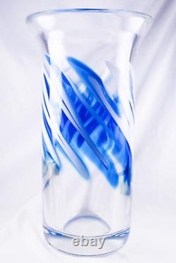 S Bloom Murano Style Hand Blown Blue Swirl Art Glass Vase 12.75 Tall Signed