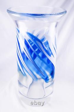 S Bloom Murano Style Hand Blown Blue Swirl Art Glass Vase 12.75 Tall Signed