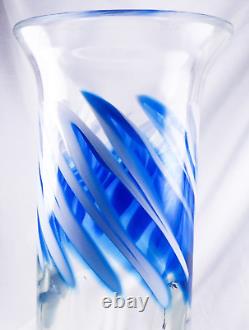 S Bloom Murano Style Hand Blown Blue Swirl Art Glass Vase 12.75 Tall Signed