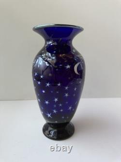 S Lundberg Glass Art Starry Night Cobalt Blue Vase Moon Stars 2000 Signed