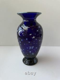 S Lundberg Glass Art Starry Night Cobalt Blue Vase Moon Stars 2000 Signed