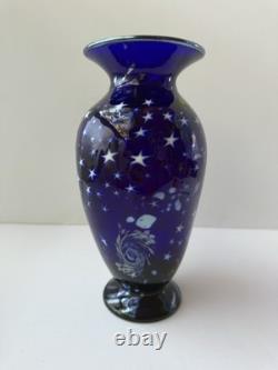 S Lundberg Glass Art Starry Night Cobalt Blue Vase Moon Stars 2000 Signed