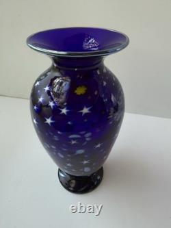 S Lundberg Glass Art Starry Night Cobalt Blue Vase Moon Stars 2000 Signed