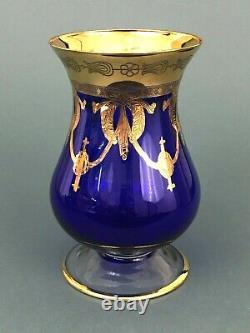 SC Line Italy Venitian Gold Encrust Hurricane Bouquet Vase Cobalt Blue Art Glass