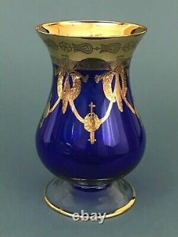 SC Line Italy Venitian Gold Encrust Hurricane Bouquet Vase Cobalt Blue Art Glass