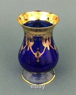 SC Line Italy Venitian Gold Encrust Hurricane Bouquet Vase Cobalt Blue Art Glass