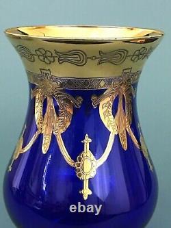 SC Line Italy Venitian Gold Encrust Hurricane Bouquet Vase Cobalt Blue Art Glass