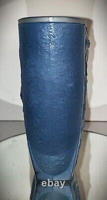 SCARCE Antique 1930s ART DECO Sculpted Art Glass Tapped Oval Flowers Blue Wash