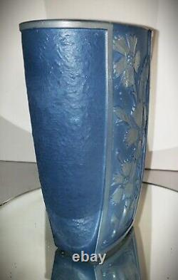 SCARCE Antique 1930s ART DECO Sculpted Art Glass Tapped Oval Flowers Blue Wash