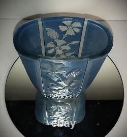 SCARCE Antique 1930s ART DECO Sculpted Art Glass Tapped Oval Flowers Blue Wash