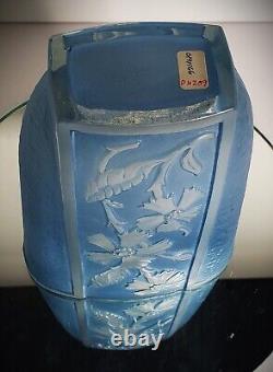 SCARCE Antique 1930s ART DECO Sculpted Art Glass Tapped Oval Flowers Blue Wash