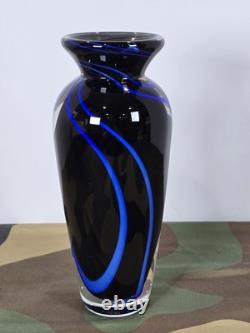 SIGNED James Alloway Art Glass Vase 7 Blue Swirl Ribbon