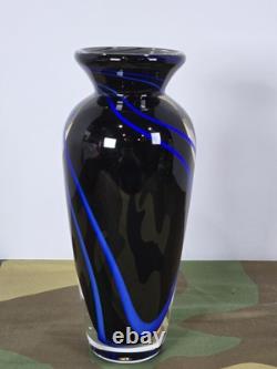SIGNED James Alloway Art Glass Vase 7 Blue Swirl Ribbon