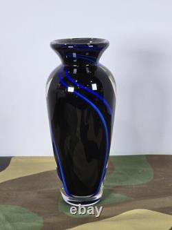 SIGNED James Alloway Art Glass Vase 7 Blue Swirl Ribbon