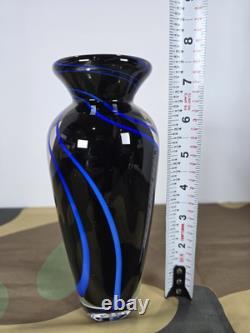 SIGNED James Alloway Art Glass Vase 7 Blue Swirl Ribbon