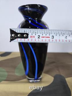 SIGNED James Alloway Art Glass Vase 7 Blue Swirl Ribbon